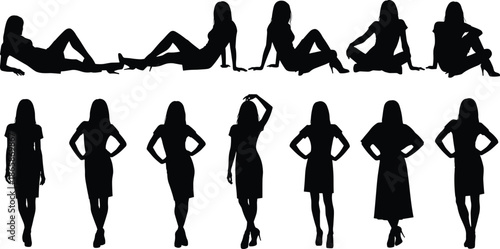Woman silhouette set, female fashion models posing, girls standing and sitting collection, black figures, cad drawing flat vector illustration