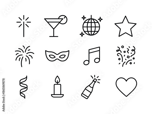 Party Icon Set. Party night. Line icon set of Party night: sparkler, cocktail glass, disco ball, star, fireworks, mask, music note, confetti, ribbon, candle,
