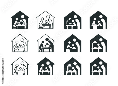 Home Education Icons. Home education and the role of parents in teaching. Icon set. Set Logo of Home education and the role of parents in teaching: desk with