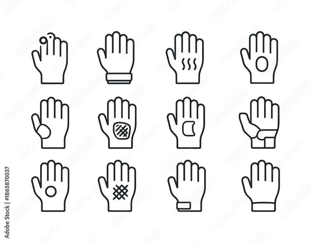 Fototapeta premium Glove Technology Icons. Glove technology. Line icon set of glove technology: fingertip sensor, wrist ring, thermal layer, pressure bladder, mobility joint,