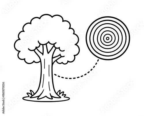Tree Rings Coloring Fun. Tree trunk and rings inside children?s coloring book illustration, outlined drawing, whole standing tree on one side and a zoomed-in