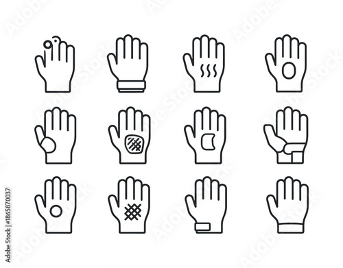 Glove Technology Icons. Glove technology. Line icon set of glove technology: fingertip sensor, wrist ring, thermal layer, pressure bladder, mobility joint,