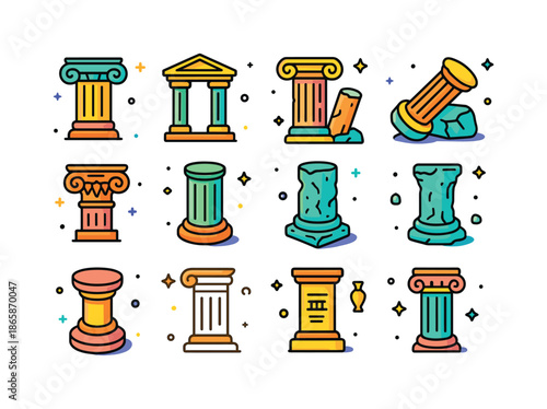 Ancient Columns Icons. Ancient columns. Colorful isometric vector icons set of ancient columns: Greek column, Roman column, temple pillar, ruined column piece,
