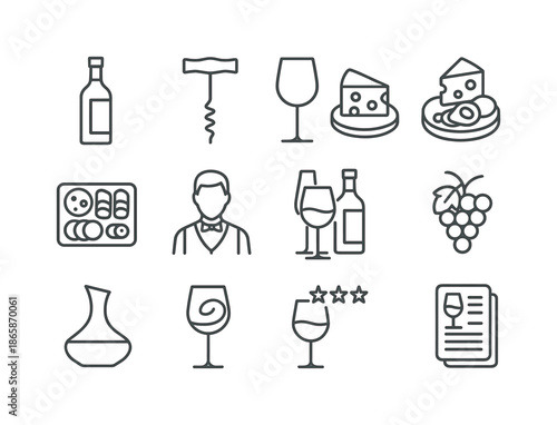 Wine Icon Set. Wine and dine. Line icon set of Wine and dine: wine bottle, corkscrew, wine glass, cheese platter, charcuterie board, sommelier icon, wine