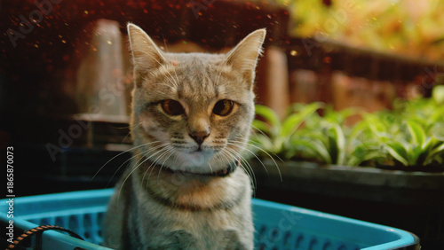 Adorable photos of cats in a flower garden. Keeping pets at home reflects the happy life and well-being of cats.