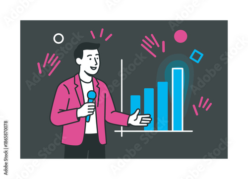 Dynamic Presentation Chart. Pitch moment. A presenter stands before a minimal chart; rising bars glow with potential. Floating shapes mimic applause. Modern