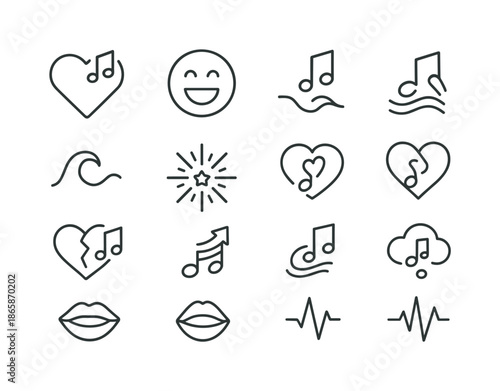 Music Emotion Icons. Music emotions. Line icon set of Music emotions: heart with music notes, joyful face, sad melody icon, powerful wave, calm tone,