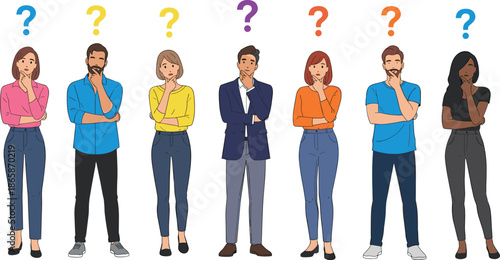 people, thinking, with, question, marks, diverse, men, and, women, confusion, decision, making, problem, solving, concept, illustration, vector, isolated, white, background