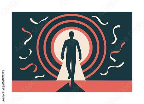 Spotlight Triumph. Center stage glory. A figure steps forward into a bright spotlight; bold rings pulse behind like roaring applause. Ribbons drift around