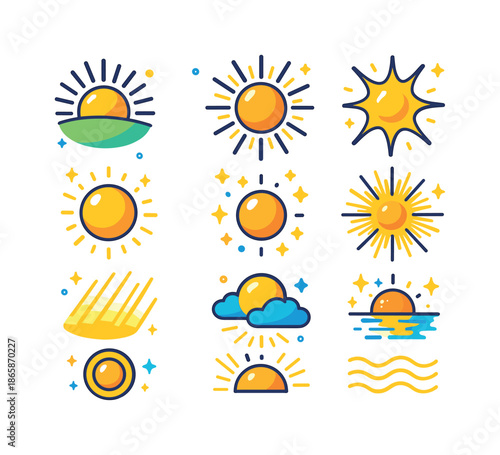 Sunlight Icon Set. Sunlight. Colorful isometric vector icons set of Sunlight: rising sun, golden beams, sparkling rays, warm glow icon, bright spot, radiant