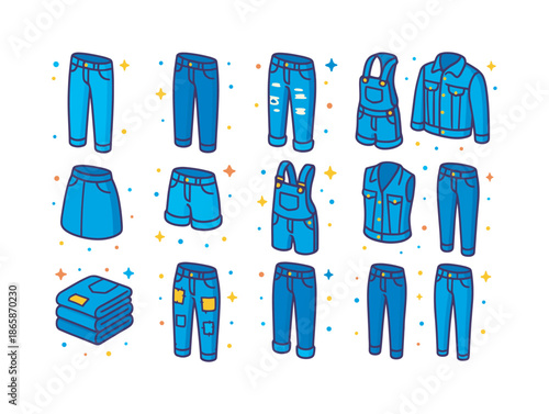 Colorful Denim Icons. Denim collection. Colorful isometric vector icons set of denim collection: light-wash jeans, dark-wash jeans, distressed jeans, denim