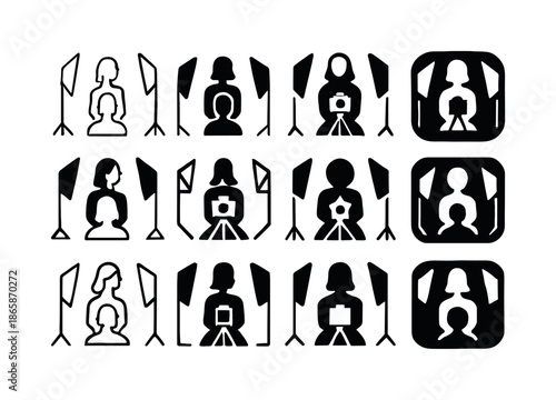 Studio Portrait Logos. Taking portraits in a studio. Icon set. Set Logo of Taking portraits in a studio: model silhouette. harmonious logo variations of the