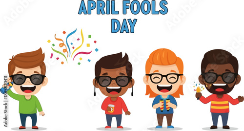 April Fools Day vector cartoon illustration featuring diverse characters celebrating with pranks.eps