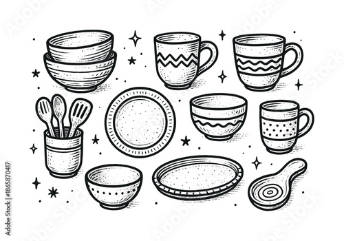Hand-Drawn Kitchen Pottery. Kitchen pottery. Hand-drawn doodle illustration Kitchen pottery bowls, plates, mugs, utensil holder, serving platter, clay lines,