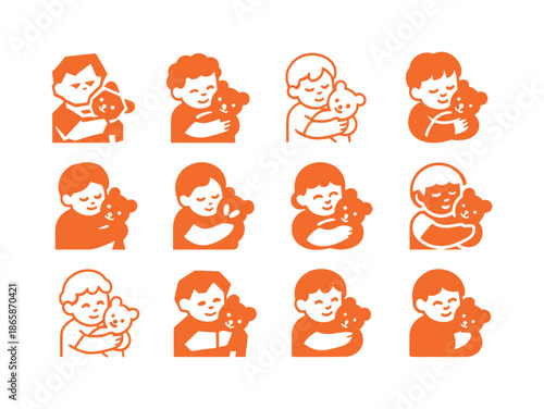 Kids' Holiday Toy Logos. Kids playing with holiday toys from gifts. Icon set. Set Logo of kids playing with holiday toys from gifts: child hugging stuffed