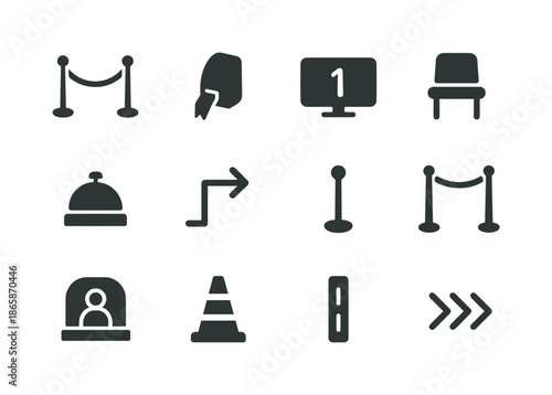 Queue Management Icons. Queue management. Solid icon set of Queue management: rope barrier, ticket dispenser, number display, waiting chair, counter bell,