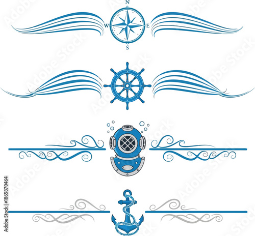Nautical ornate dividers with compass anchor ship wheel and diver helmet vector elements vector