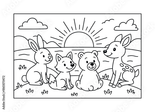 Woodland Sunset Coloring. Sunset with animals children?s coloring book illustration, outlined drawing, smiling woodland animals sitting and watching the sun go