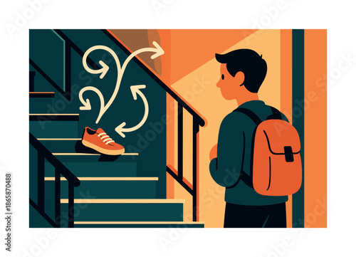 Lone Shoe Discovery. Shoe on the staircase. Character spotting a lone shoe sitting halfway up the stairs; swirling arrows pointing the way. Warm morning light