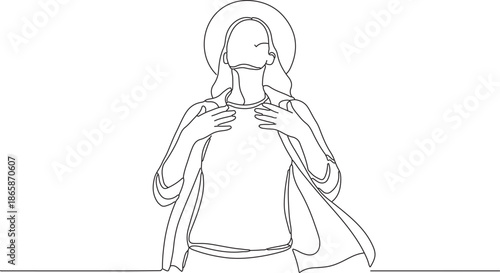 Abstract continuous line art illustration of a serene figure with a halo, gazing upwards in peaceful contemplation and spiritual reflection