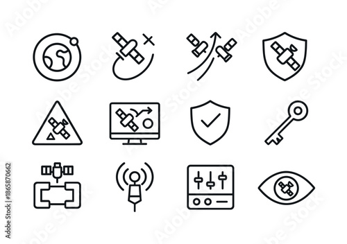 Orbital Safety Icons. Orbital safety. Line icon set of orbital safety: orbit map, collision path line, avoidance arrow, protective shield, hazard triangle,