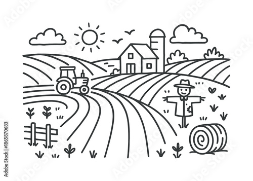 Serene Farm Landscape. Farm fields. Hand-drawn doodle illustration Farm fields farmhouse, plowed rows, tractor, silo, scarecrow, sun, clouds, birds, fence, hay