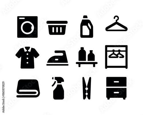 Laundry Room Icons. Laundry Room. Solid icon set of Laundry Room: washing machine, basket, detergent bottle, hanger, shirt, iron, shelf, open closet, towel,