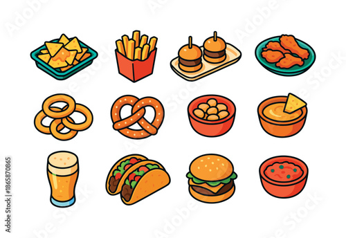 Colorful Bar Snacks. Bar food. Colorful isometric vector icons set of bar food: nachos, fries, sliders, wings, onion rings, pretzel, peanuts, cheese dip, beer