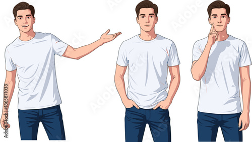 young, man, character, poses, set, casual, outfit, gestures, pointing, thinking, confidence, lifestyle, communication, expression, illustration, vector, isolated, white, background
