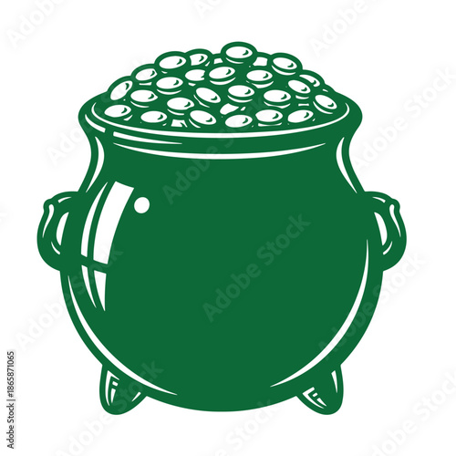 Green cauldron filled with gold coins on white background  symbol of good luck and wealth