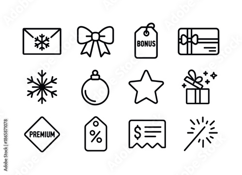 Holiday Bonus Icons. Holiday Bonuses. Line icon set of Holiday Bonuses: holiday envelope, festive ribbon, bonus tag, gift card icon, snowflake badge, ornament