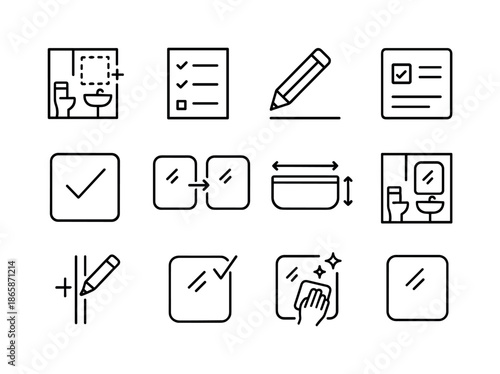 Bathroom Mirror Icons. adding a new mirror in the bathroom. Line icon set of adding a new mirror in the bathroom: renovation plan, checklist icon, pencil