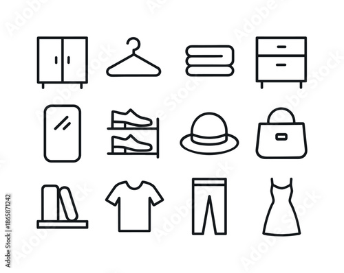 Wardrobe Icon Set. Wardrobe. Line icon set of Wardrobe: closet, hangers, folded clothes, drawer, mirror, shoe rack, hat, bag, shelf, t-shirt, pants, dress. All