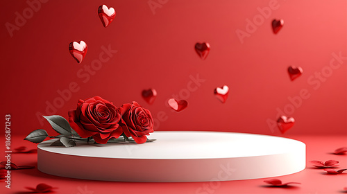 Valentine's Day podium displaying two red roses and falling hearts on a vibrant red background, representing love, romance, and special occasions