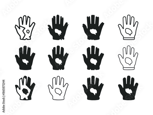 Worn Gloves Icon Set. Worn gloves. Icon set. Set Logo of worn gloves: worn-out riding glove. harmonious logo variations of the same emblematic concept, each