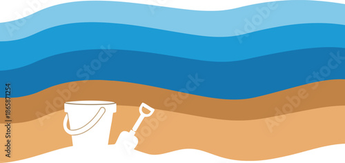 Cartoon beach pail and shovel ready for summer fun on sandy shore with ocean waves vector