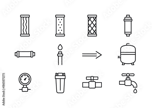 Water Filtration Icons. Water filtration. Line icon set of Water filtration: cartridge filter, sediment filter, carbon block, RO membrane, inline filter, water