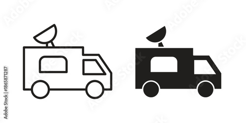 Broadcast van icons set designed in filled, outline, line and stroke style