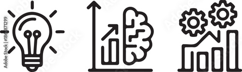 A set of conceptual line icons displays abstract representations of innovation through a glowing lightbulb, career progression via a rising bar chart integrated with a brain, and process optimization.