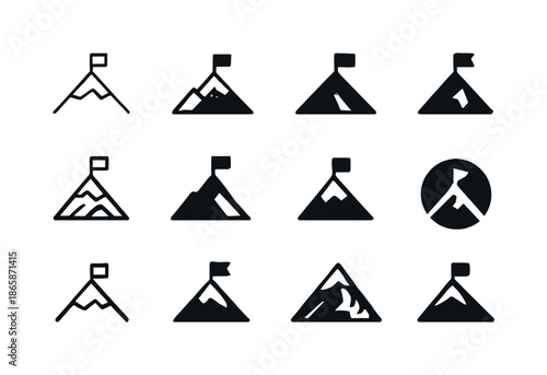 Champion Mindset Icons. The champion mindset. Icon set. Set Logo of The champion mindset: mountain peak. harmonious logo variations of the same emblematic