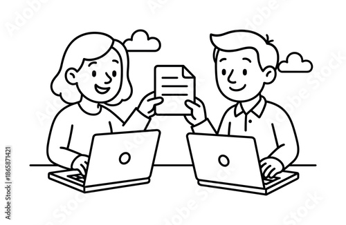 Document Sharing Illustration. Collaborative online project children?s coloring book illustration, outlined drawing, two adults sharing simple document icons