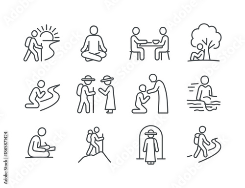 Pilgrimage Icon Set. Pilgrimage experiences. Line icon set of Pilgrimage experiences: sunrise walk, quiet meditation, shared meal, resting under tree, prayer