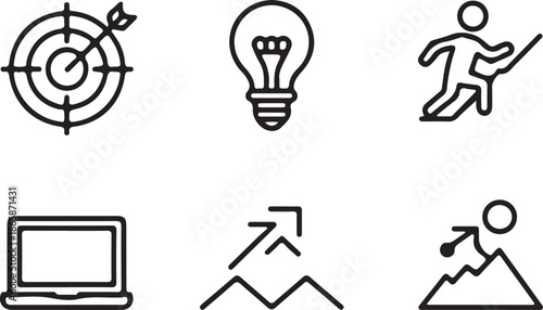 Business concepts illustrated by a collection of simple black line icons featuring targets, lightbulbs, people running, and laptops on a white background.