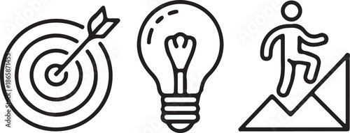 A set of six black outline icons illustrates key time management and planning concepts such as an alarm clock, a calendar, and project review elements.