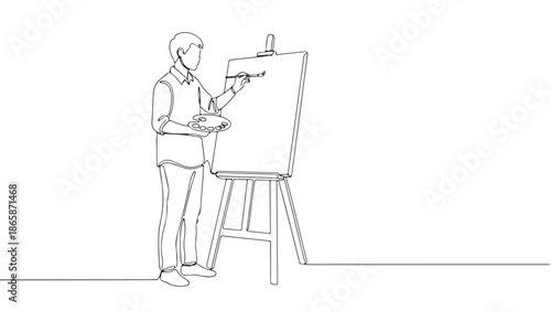 Artist painting on easel with palette and brush, illustration of creative hobby