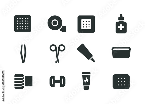 Wound Care Icons Set. Wound Care Supplies. Solid icon set of Wound Care Supplies: sterile gauze, adhesive tape, wound pad, antiseptic bottle, tweezers,