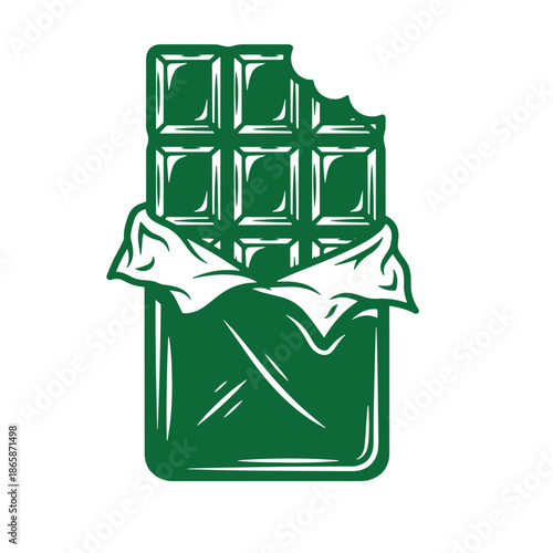 Green chocolate bar with bite taken out of it wrapped in white paper
