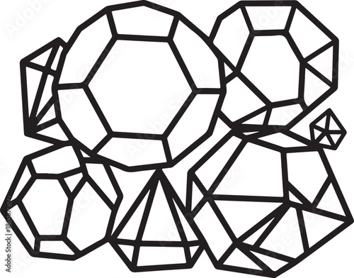 crystal and gemstone coloring pages featuring clean black line art and detailed faceted shapes.