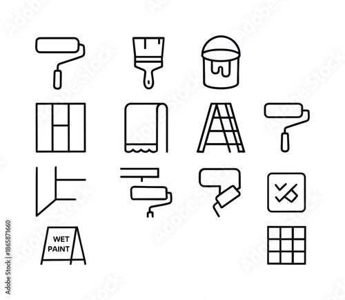 Interior Painting Icons. Interior painting. Line icon set of Interior painting: wall roller, trim brush, paint bucket, wall swatch, floor protector, ladder