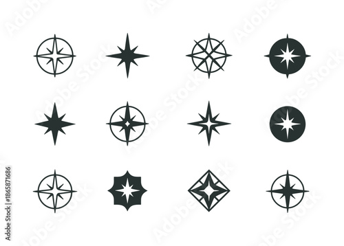 Polaris Logo Variations. Polaris. Icon set. Set Logo of Polaris: celestial navigation symbol. harmonious logo variations of the same emblematic concept, each